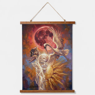 Tapiz Con Marco De Madera Arte mural surrealista Luna Roja y Grulla