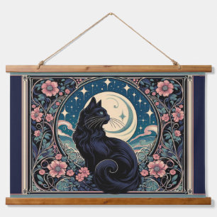 Tapiz Con Marco De Madera Arte Nouveau Gato Negro Místico