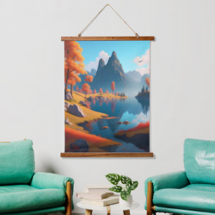 Tapiz Con Marco De Madera Arte paisajístico otoñal