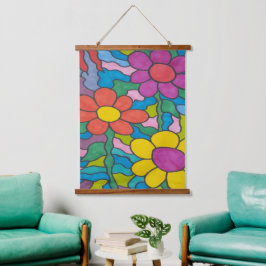 Tapiz Con Marco De Madera Arte retro de flores hippie