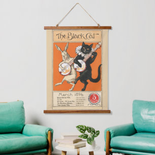 Tapiz Con Marco De Madera Arte Retro Naranja Gato Negro Conejo Blanco Banjo