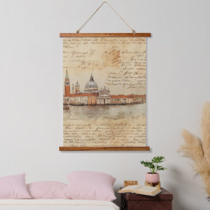 Tapiz Con Marco De Madera Arte romántico vintage de Venecia con letra script