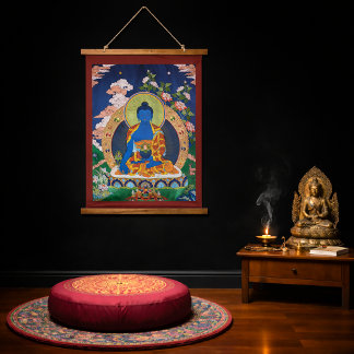 Tapiz Con Marco De Madera Arte Thangka budista tibetano del Buda de la Medic