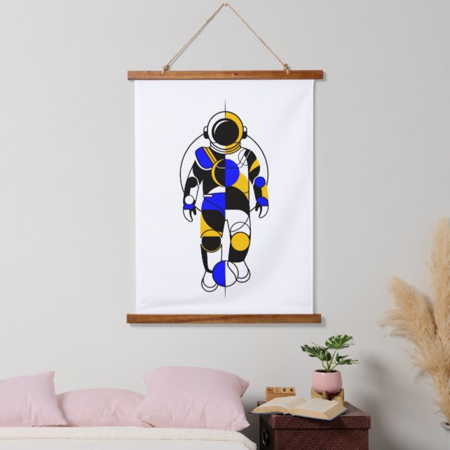 Tapiz Con Marco De Madera Astronauta Abstracto (Dormitorio)