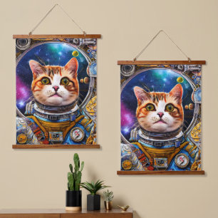 Tapiz Con Marco De Madera Astronauta de gato espacial divertida