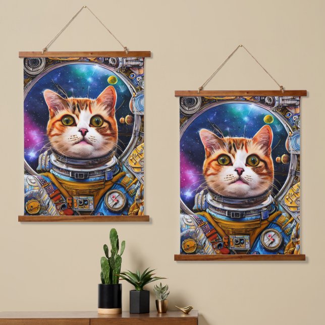 Tapiz Con Marco De Madera Astronauta de gato espacial divertida (Asimétrico)