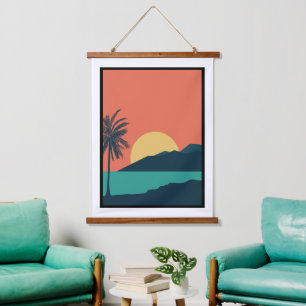 Tapiz Con Marco De Madera Atardecer de palmera, Isla, Arte abstracto boho