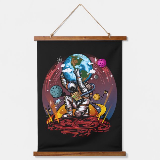Tapiz Con Marco De Madera Atlas Astronaut Holding Earth Mars Galaxy Cosmic  (Anverso)