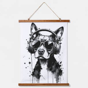 Tapiz Con Marco De Madera Auriculares Guay Dog Mascotas cortos Tinta blanca 
