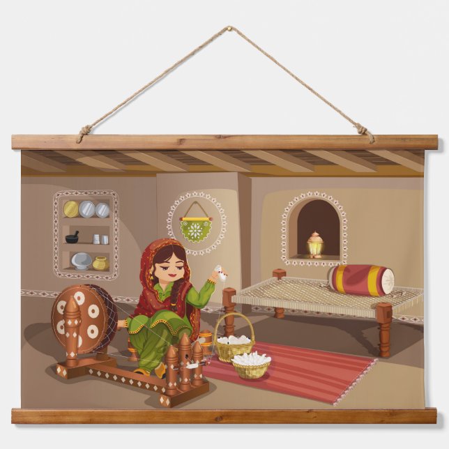 Tapiz Con Marco De Madera Auténtico Ilustracion de estilo de vida rural (Anverso )