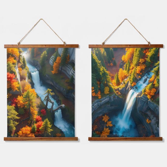 Tapiz Con Marco De Madera Autumn Canyon Waterfall – Vibrant Fall Forest Land (Doble)