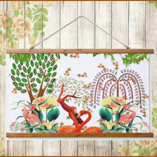 Tapiz Con Marco De Madera Aves acuáticas Flamingo Pareja Árbol de la Vida Pr