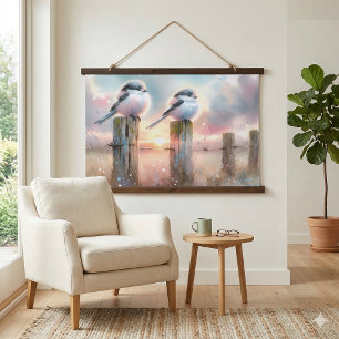 Tapiz Con Marco De Madera Aves de Acuarela Pastel en Poste de Cerca al Atard
