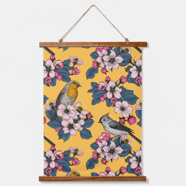 Tapiz Con Marco De Madera Aves y flores en amarillo (Anverso)