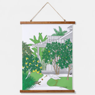 Tapiz Con Marco De Madera Aves y plantas tropicales