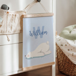 Tapiz Con Marco De Madera Azul Invierno Inicial Polar Oso Nursery Decoración