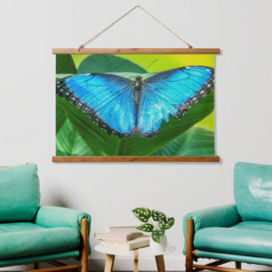 Tapiz Con Marco De Madera Azul Morfo Mariposa Flora Naturaleza floral Arte