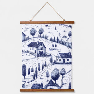 Tapiz Con Marco De Madera Azul Vintage Toile - Árboles Arquitectura Pastoral