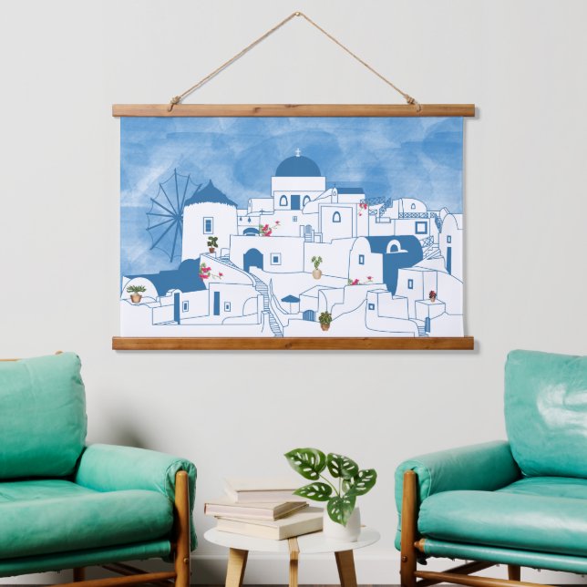 Tapiz Con Marco De Madera Azul y color blanco Santorini Grecia (Sala de estar)