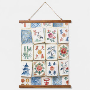 Tapiz Con Marco De Madera Azulejos de Chinoiserie Mahjong Flores Acuarela Pá