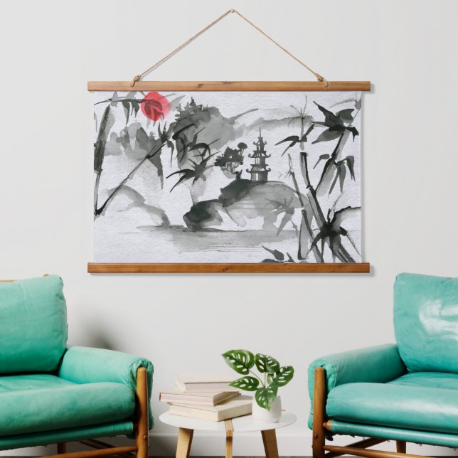 Tapiz Con Marco De Madera Bambú Sumi-e, monasterio y sol rojo (Sala de estar)