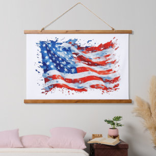 Tapiz Con Marco De Madera Bandera estadounidense acuarela 4 de julio