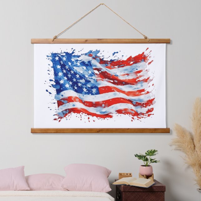 Tapiz Con Marco De Madera Bandera estadounidense acuarela 4 de julio (Dormitorio)