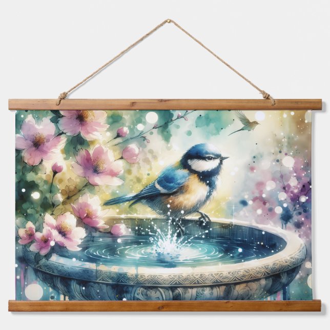 Tapiz Con Marco De Madera Baño de Pájaros de Primavera Acuarela  (Anverso )