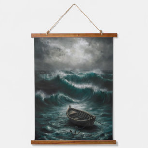 Tapiz Con Marco De Madera Barco abandonado en aguas tormentosas arte oceánic