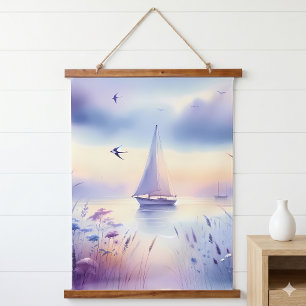 Tapiz Con Marco De Madera Barco de Vela Pastel Paisaje Costero de Ensueño