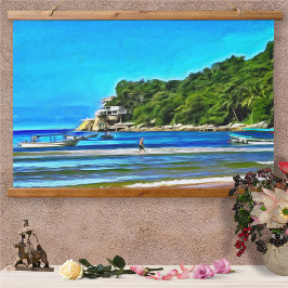 Tapiz Con Marco De Madera Barcos pesqueros de Mismaloya 0346