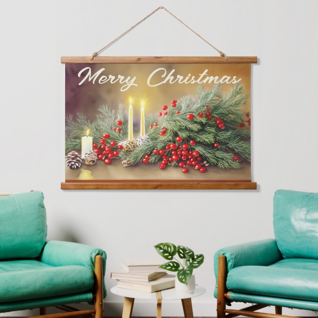 Tapiz Con Marco De Madera Bayas de flores y velas (Sala de estar)