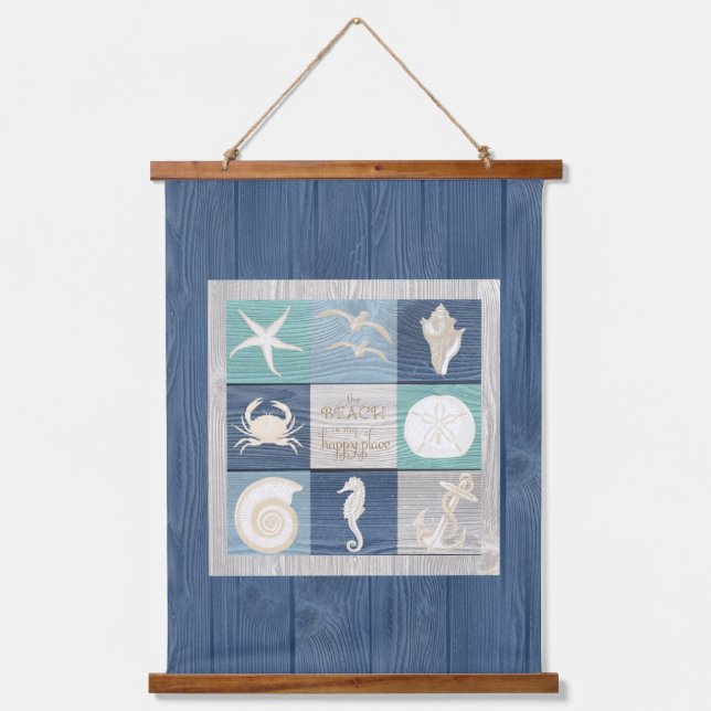 Tapiz Con Marco De Madera Beach Happy Place Blue Aqua Old Wood Sea Hanging (Anverso)