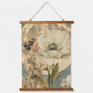 Tapiz Con Marco De Madera Belleza iluminada por la luna - Mujer con flores b