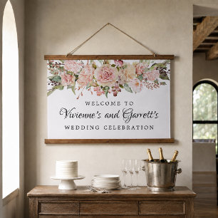 Tapiz Con Marco De Madera Bienvenida de boda floral rosa