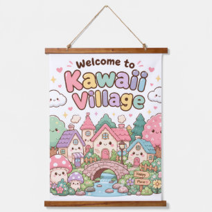 Tapiz Con Marco De Madera Bienvenido a Kawaii Village