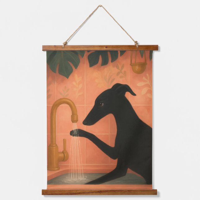 Tapiz Con Marco De Madera Black Greyhound Washing Paws Wall Art (Anverso)
