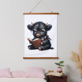 Tapiz Con Marco De Madera Black Highland Cow Reading A Book