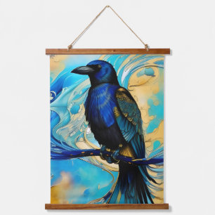 Tapiz Con Marco De Madera Blue Black Raven en abstracto azul y oro