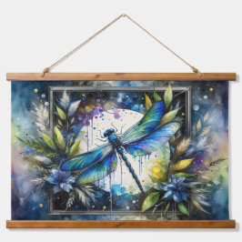 Tapiz Con Marco De Madera Blue Dragonfly Watercolor Botanical