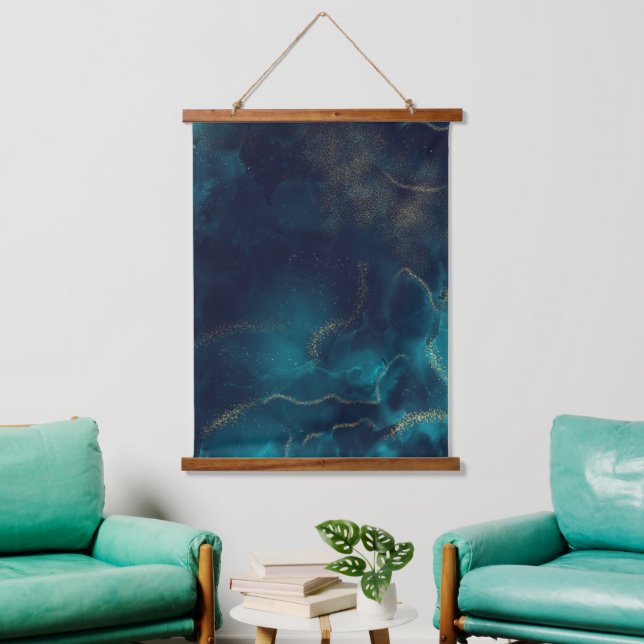 Tapiz Con Marco De Madera Blue Gold Alcohol Ink Art Deep Blue Ocean (Sala de estar)