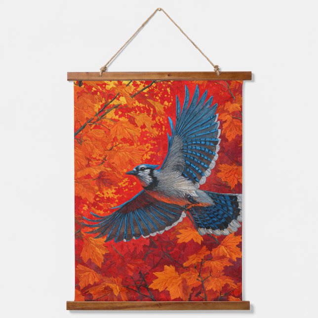 Tapiz Con Marco De Madera Blue Jay Autumn Leaves Nature Tapestry (Anverso)