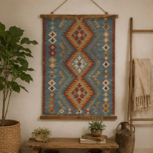 Tapiz Con Marco De Madera Blue Kilim Southwestern Rust, Sage & Cream Geometr