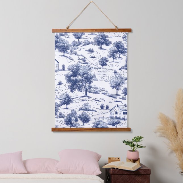 Tapiz Con Marco De Madera Blue Toile Countryside Scene (3) (Dormitorio)