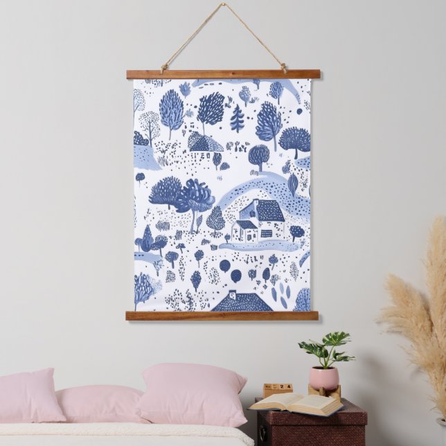 Tapiz Con Marco De Madera Blue Toile Countryside Scene (4) (Dormitorio)