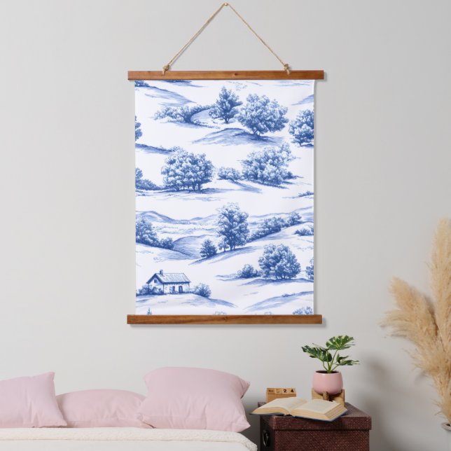 Tapiz Con Marco De Madera Blue Toile Countryside Scene (5) (Dormitorio)