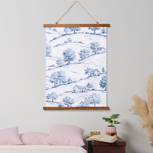 Tapiz Con Marco De Madera Blue Toile Countryside Scene (7) (Dormitorio)