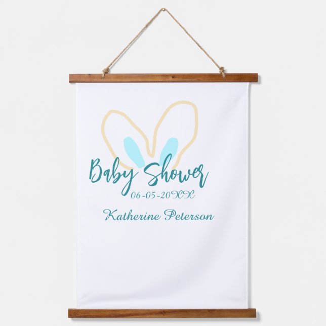 Tapiz Con Marco De Madera Blue yellow baby shower name date animal ear cute  (Anverso)