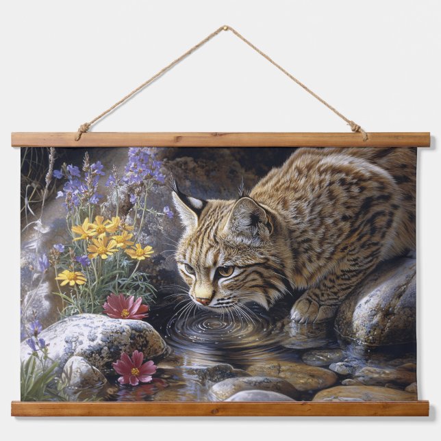 Tapiz Con Marco De Madera Bobcat con flores silvestres Arte escénico (Anverso )