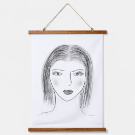 Tapiz Con Marco De Madera Boceto de cara de mujer en blanco y negro para par